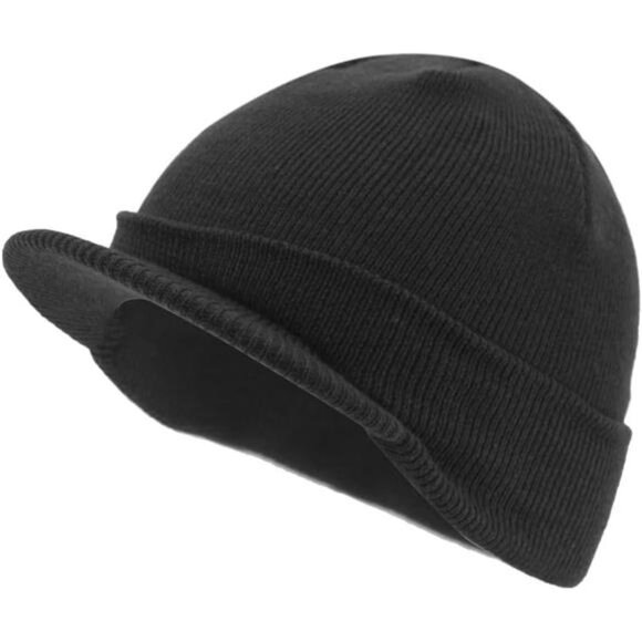 Plain Sports Visor Billed Knit Radar Cuff Beanie Black - Picture 1 of 4